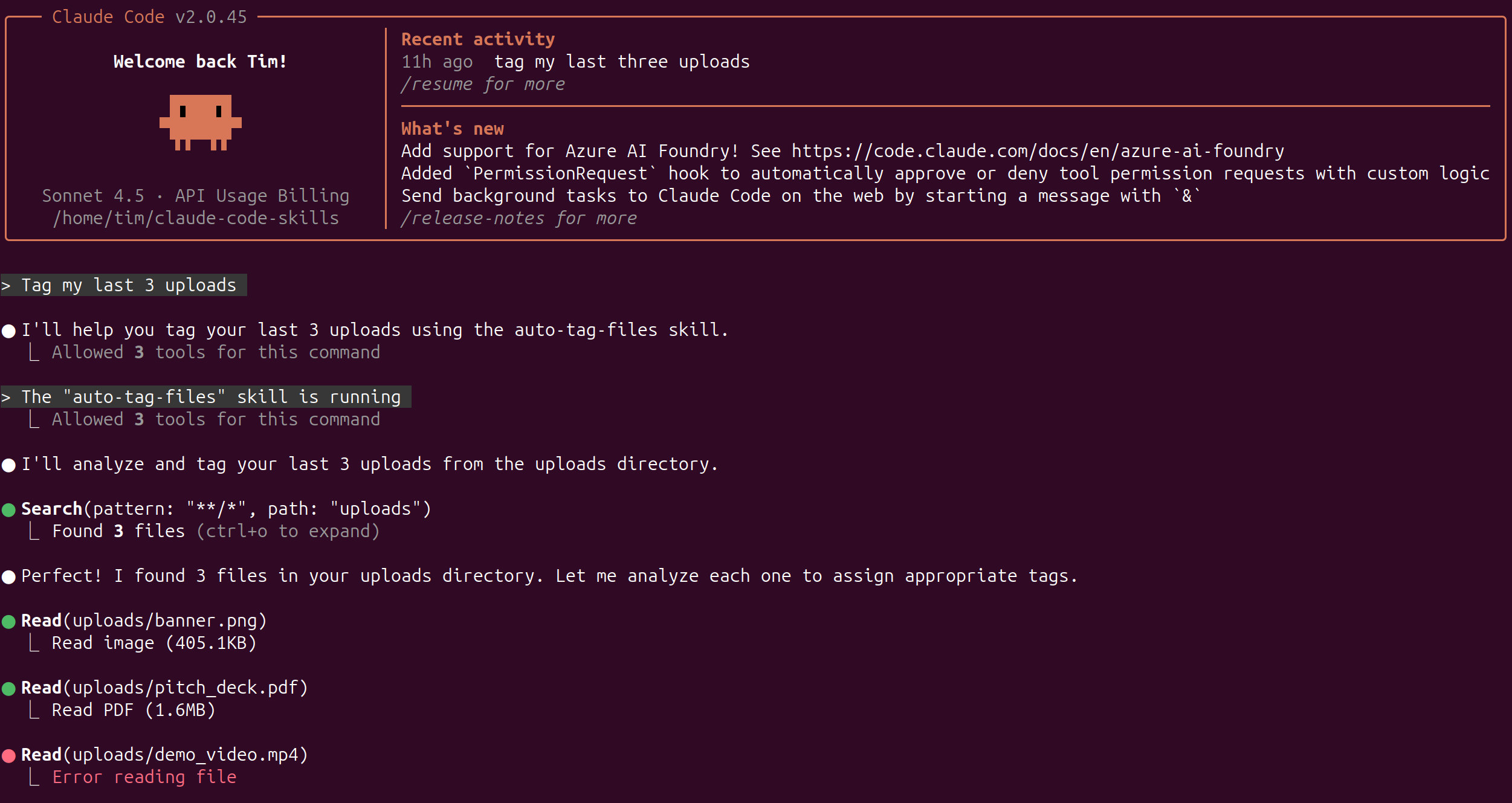 Claude chat showing skill call and response with file tagging results