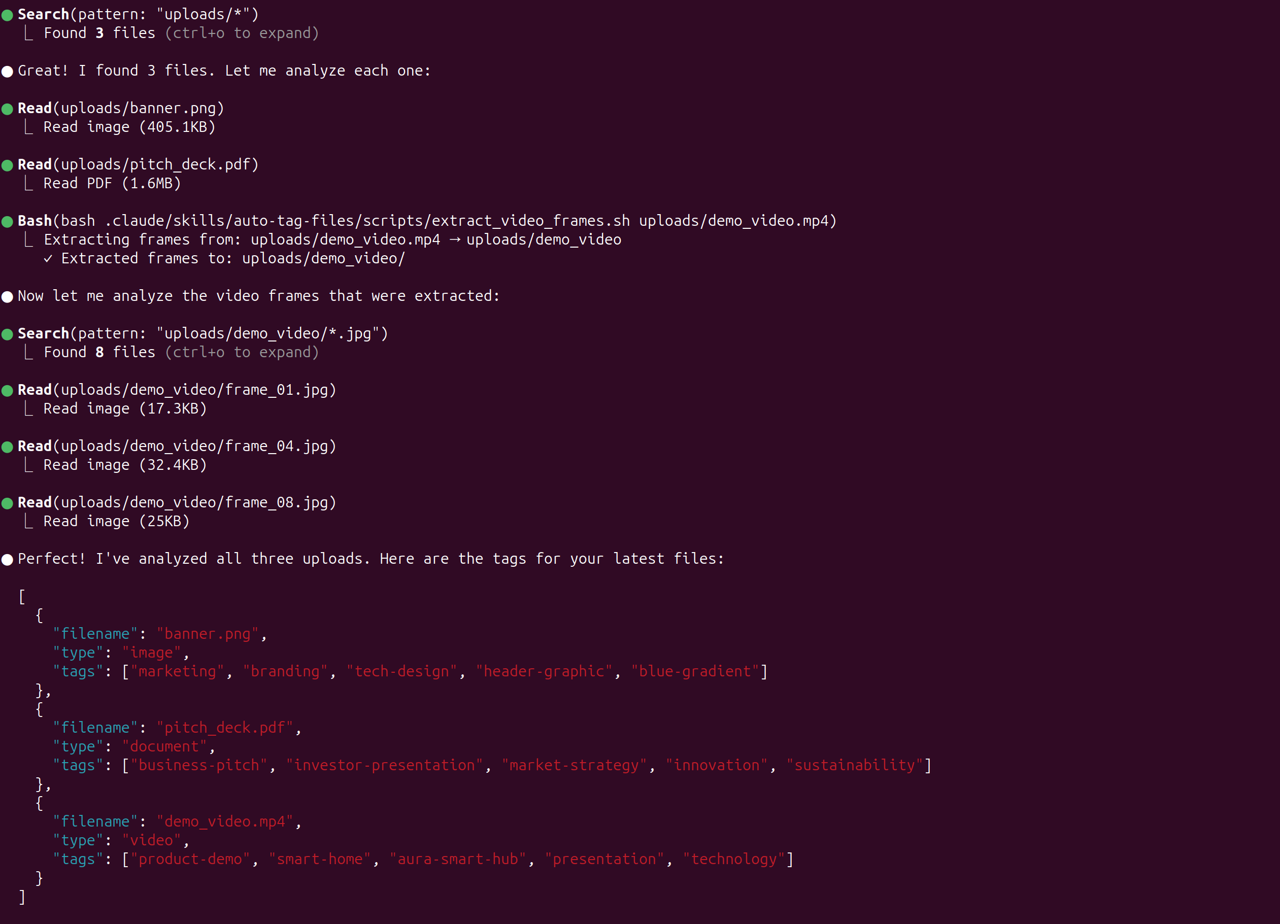 Claude Code interface showing video processing workflow with frame extraction and tagging