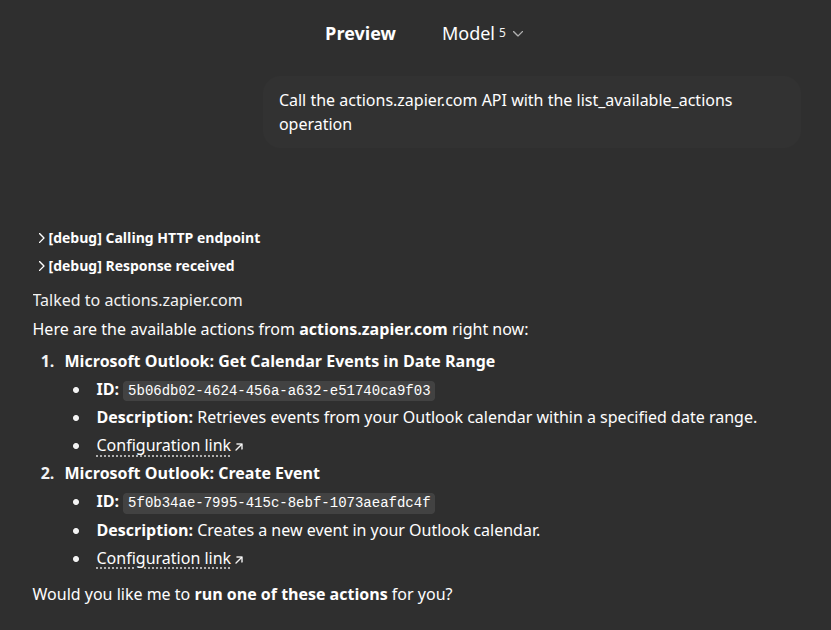 Screenshot: Final actions list