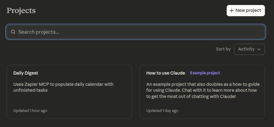 Claude Projects list with New Project button and Daily Digest workspace