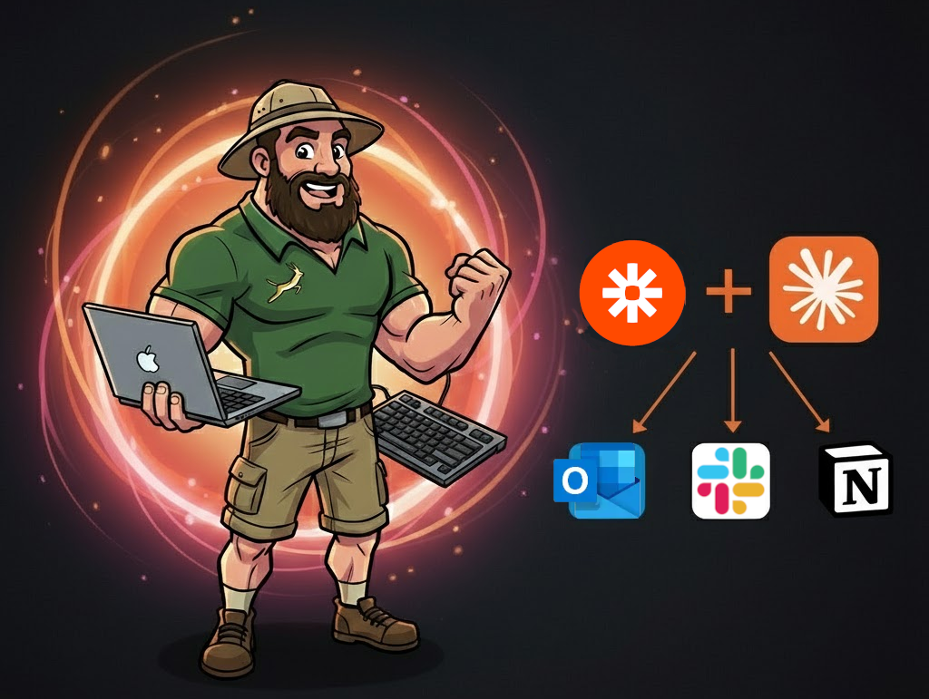 Claude + Zapier MCP setup showing Notion / Outlook / Slack orchestration