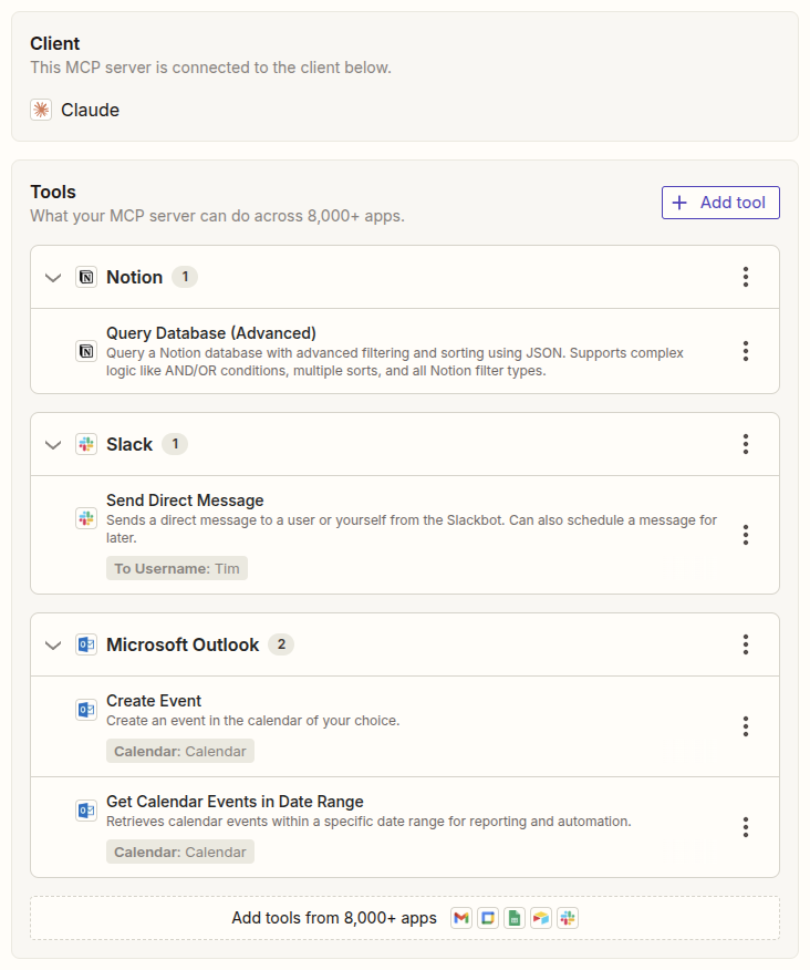 MCP Configure Tools panel showing four enabled abilities: Notion (query), Outlook (read/create), Slack (DM)