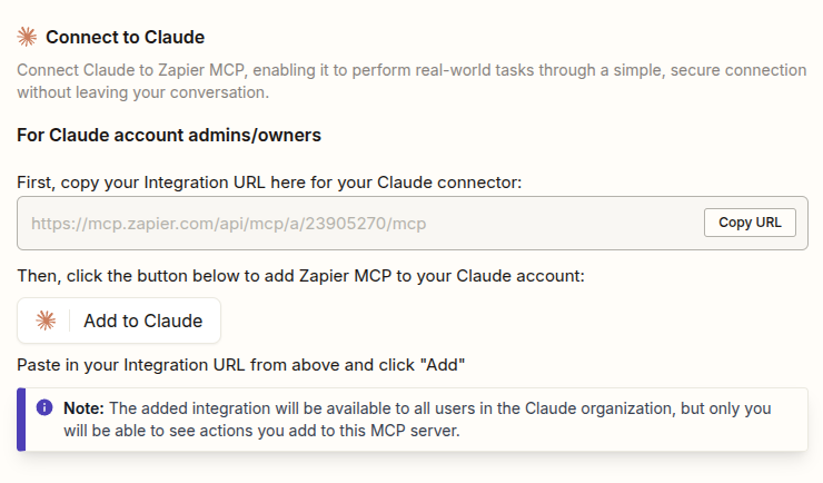 Zapier MCP Connect tab with Integration URL and Rotate Secret control