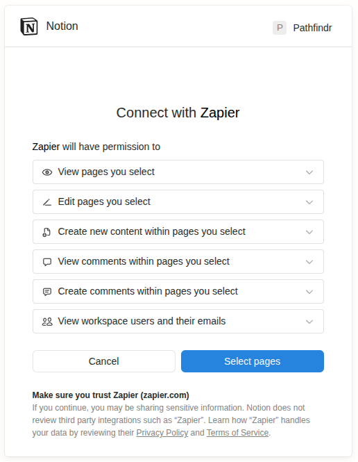Scoped Notion permission dialog with only the Tasks database selected