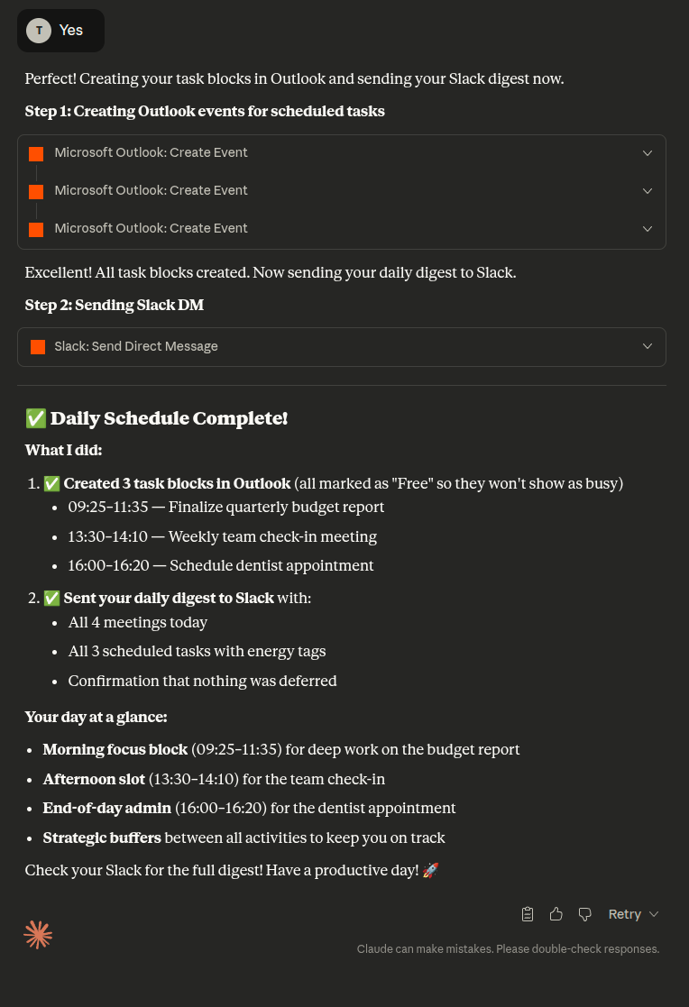 Claude proposing a structured schedule with meetings, task blocks, and approval prompt