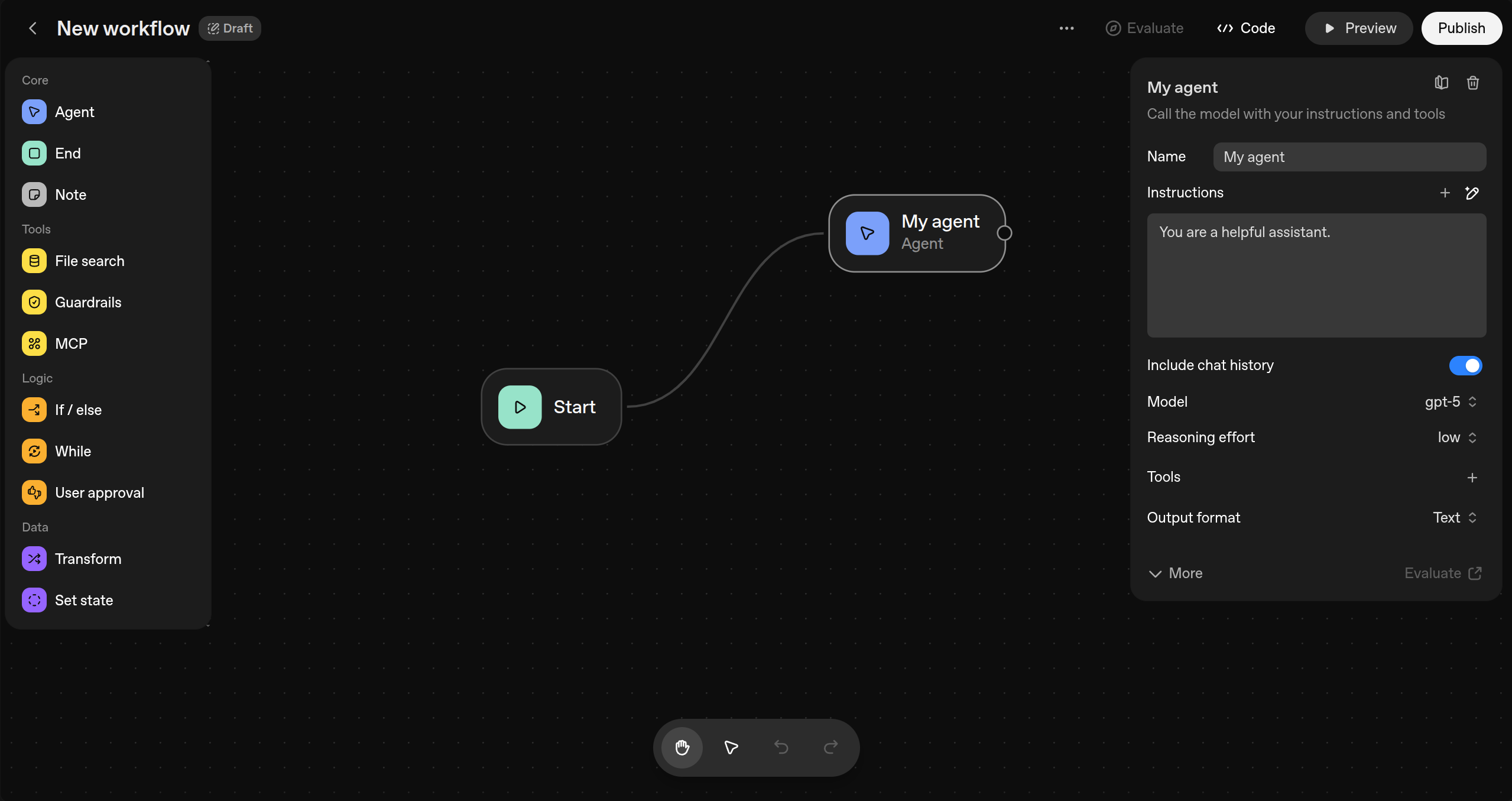 Screenshot: Agent Builder main interface showing workflow canvas with multiple connected nodes