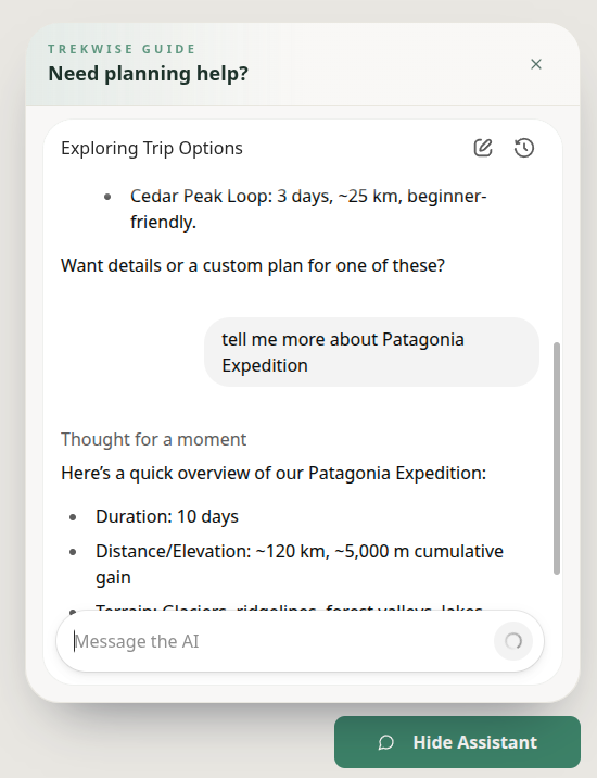 Screenshot: Final TrekWise chatbot in action on the website