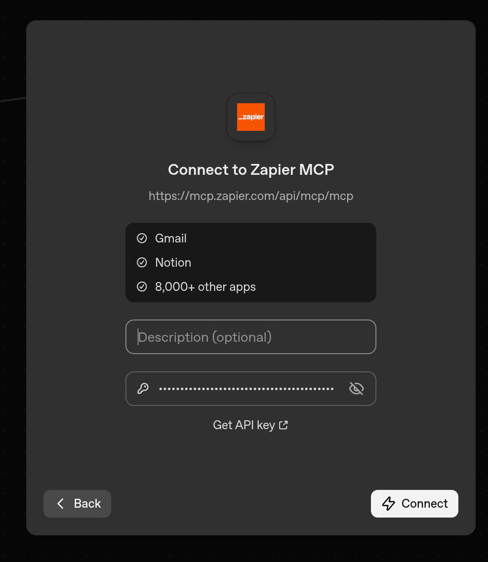 Screenshot: Tool selection dropdown showing MCP Server → Zapier option