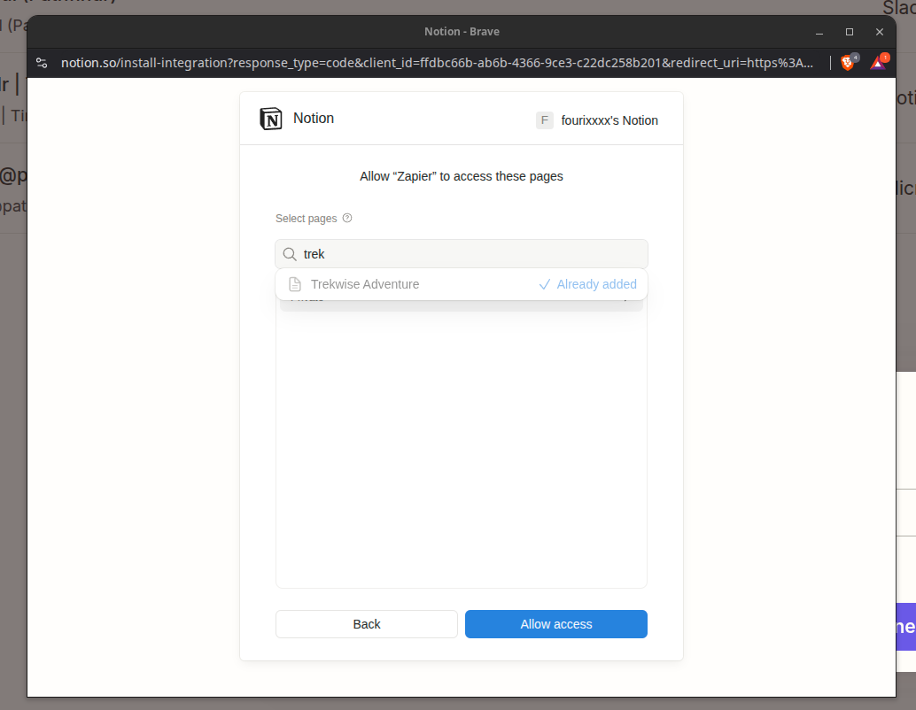 Screenshot: Notion permission screen with "Select pages" option and TrekWise page selected