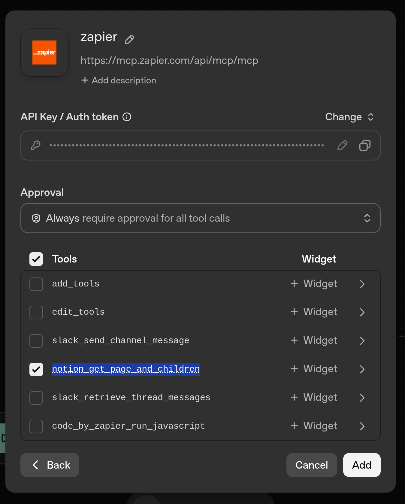 Screenshot: Notion tool configuration showing pageId field set to TrekWise page