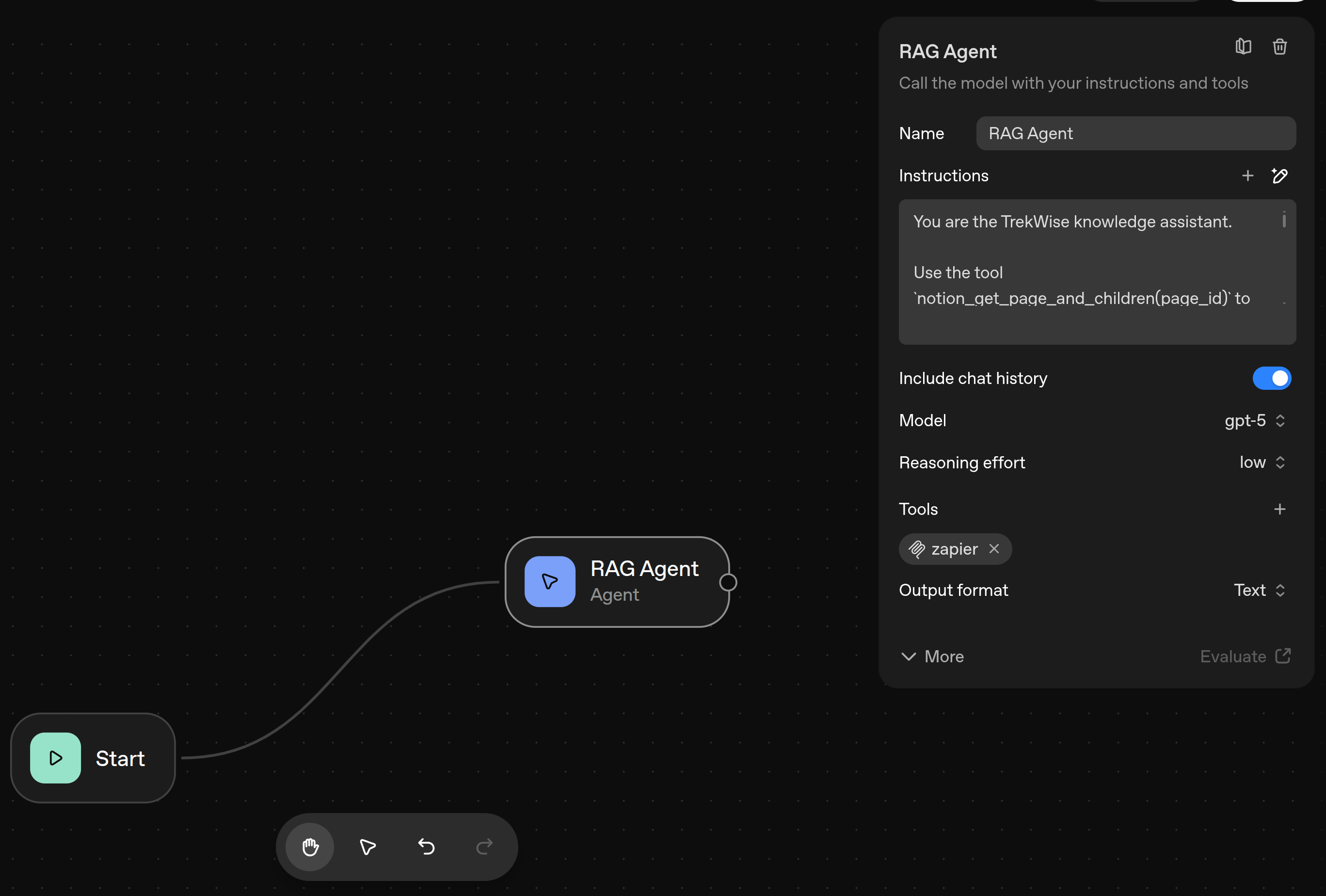 Screenshot: Creating first agent node with name "RAG Agent"