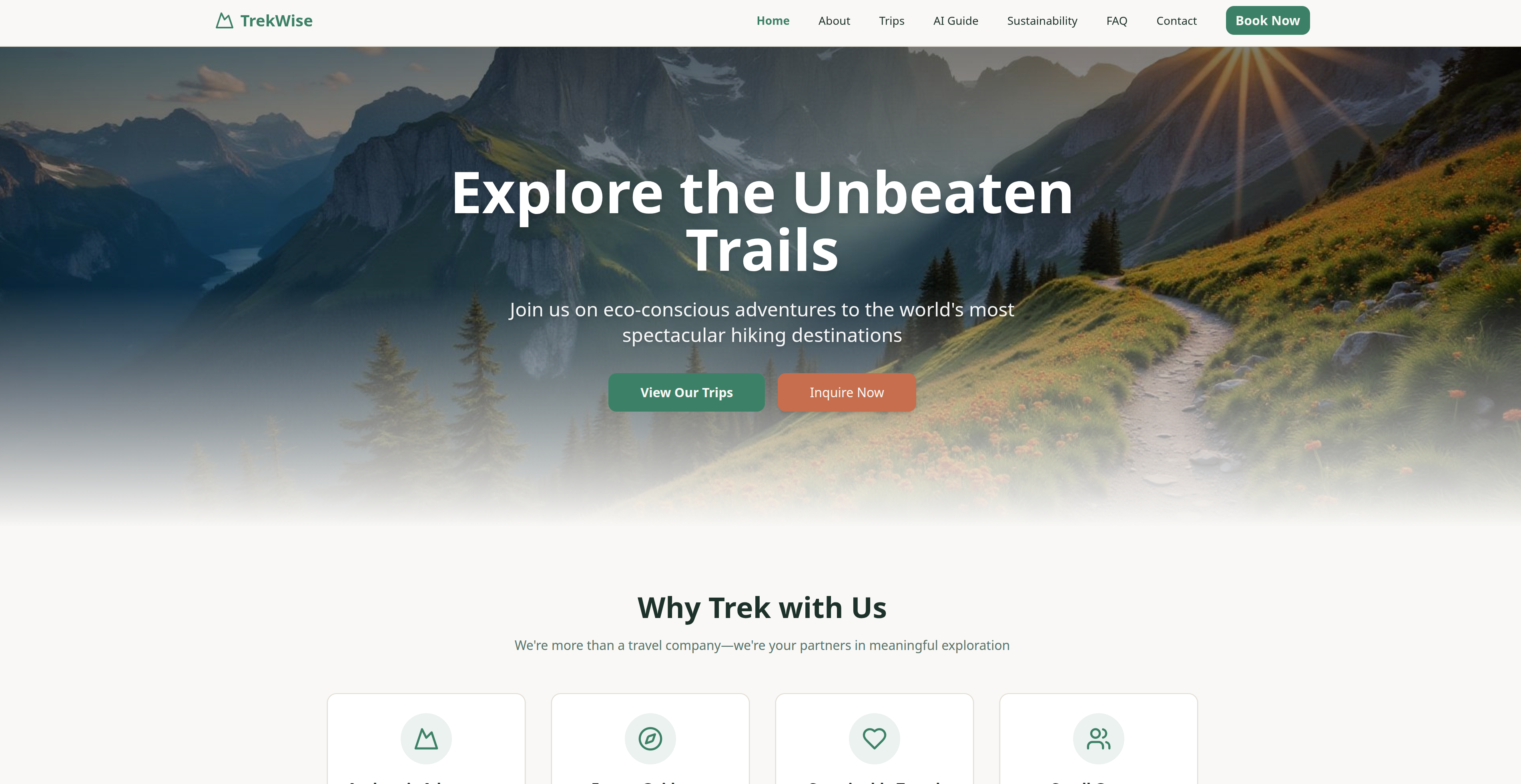 Screenshot: Demo TrekWise website homepage showing adventure travel content