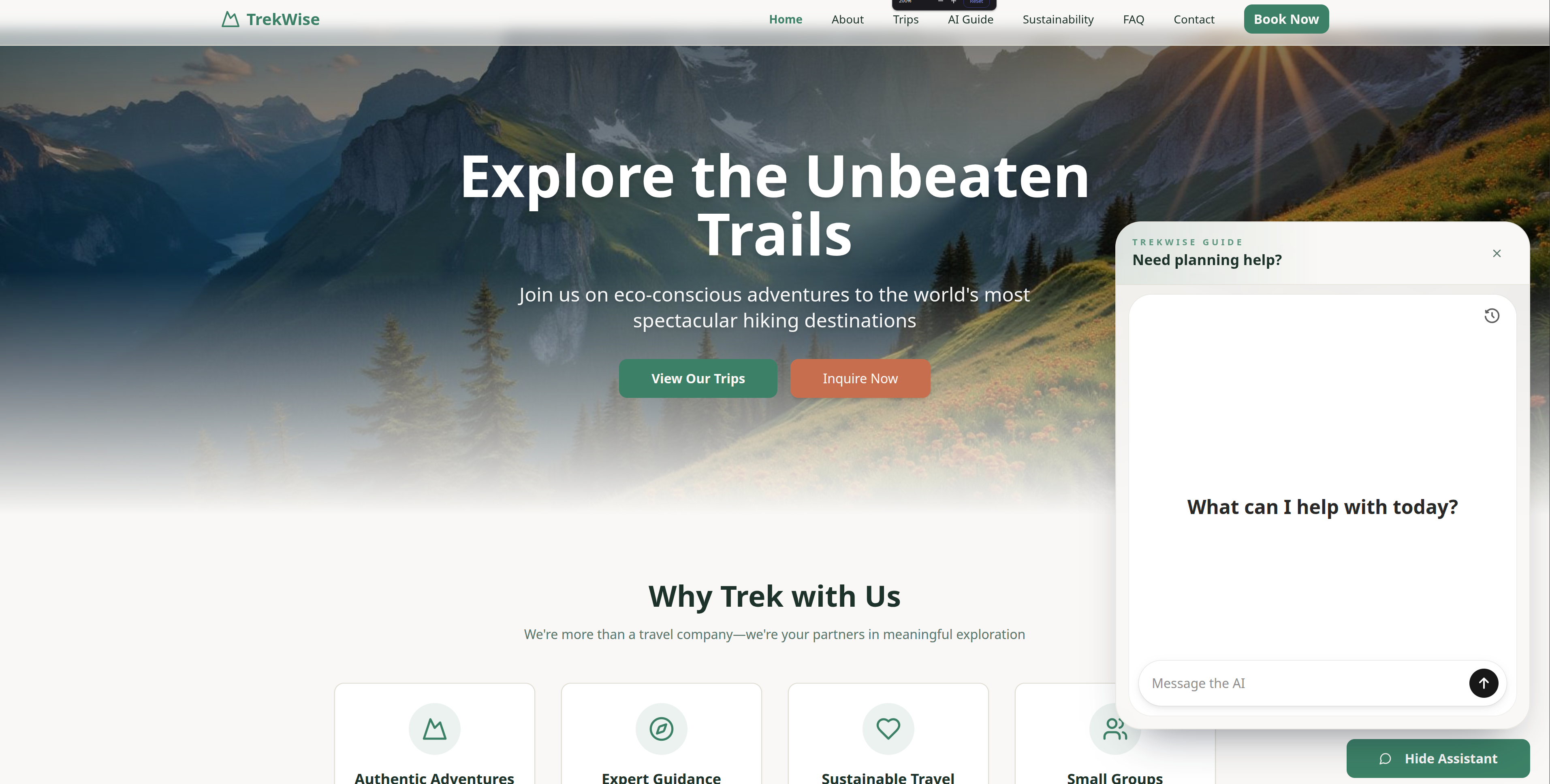 Screenshot: TrekWise website with chat bubble visible in corner