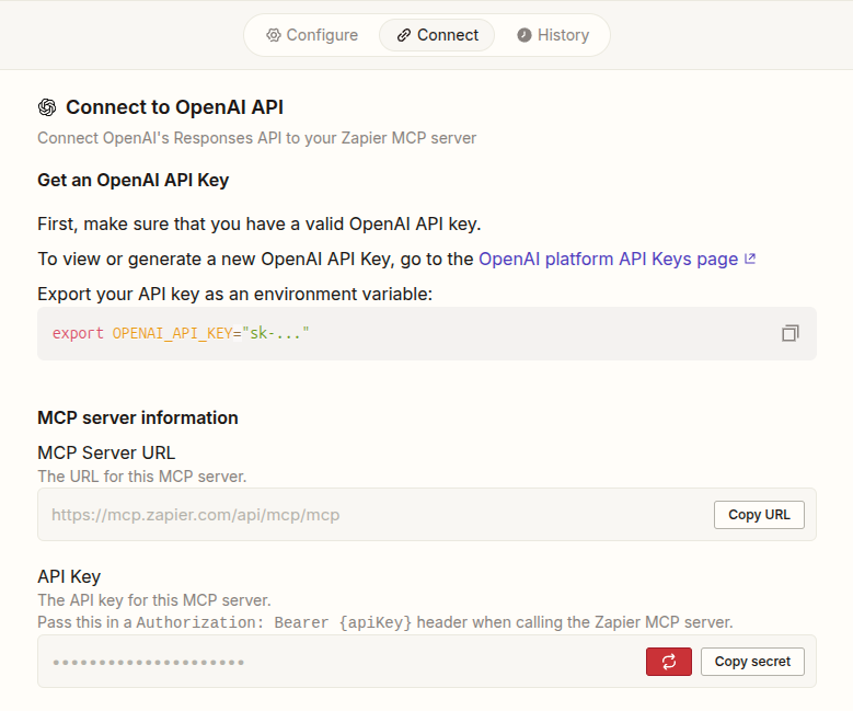 Screenshot: Zapier MCP dashboard showing API key